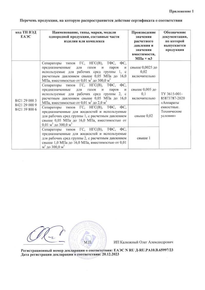 Декларация ТР ТС 032 сепараторы Приложение 1
