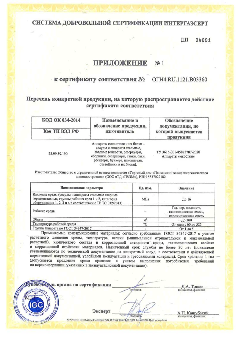 ИнтерГазСерт Аппараты емкостные Приложение 1